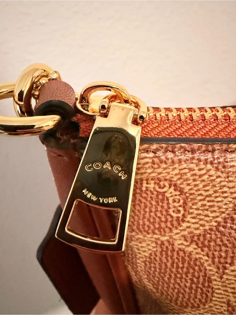 Coach Tan Signature Canvas Shoulder Pouch with Coral Trim